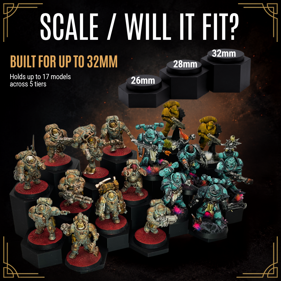 Miniature Display Stand for 28–32mm Infantry & Squads | WarSplay Classic 17-Slot Modular 5-Tier Army Riser