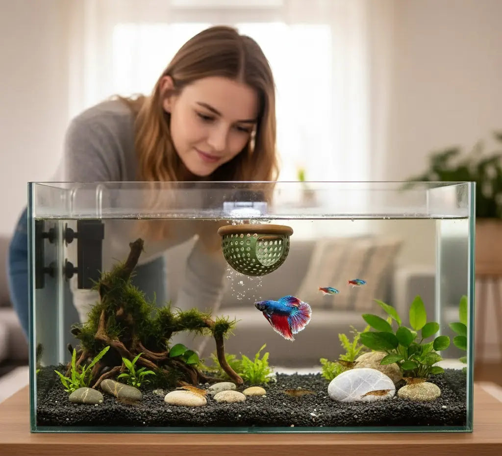BettaPod Floating Betta Aquarium Hide Log with Feeder Insert - Blubber Cove
