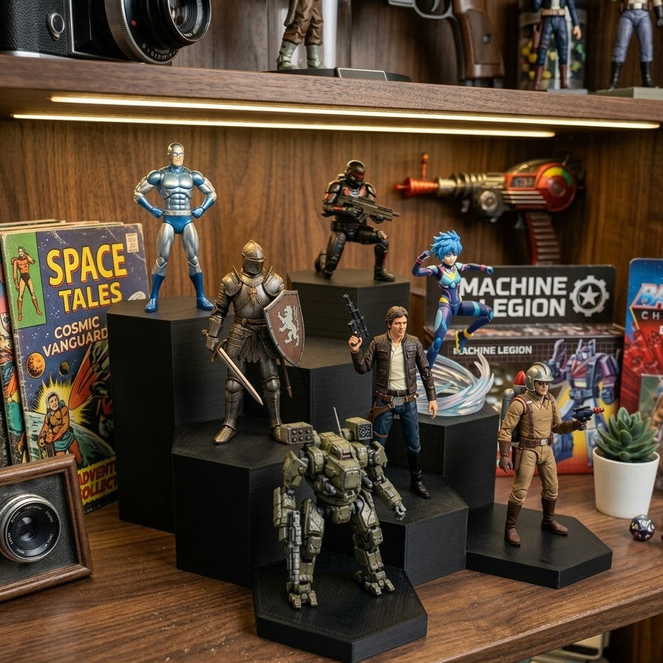 WarSplay XL modular display rack styled with collectables on a home shelf