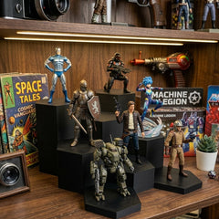 WarSplay XL modular display rack styled with collectables on a home shelf