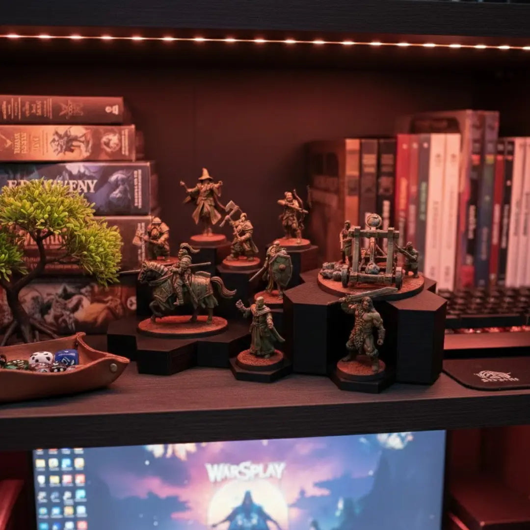 WarSplay Hero display stand connecting into a larger modular painted-army display