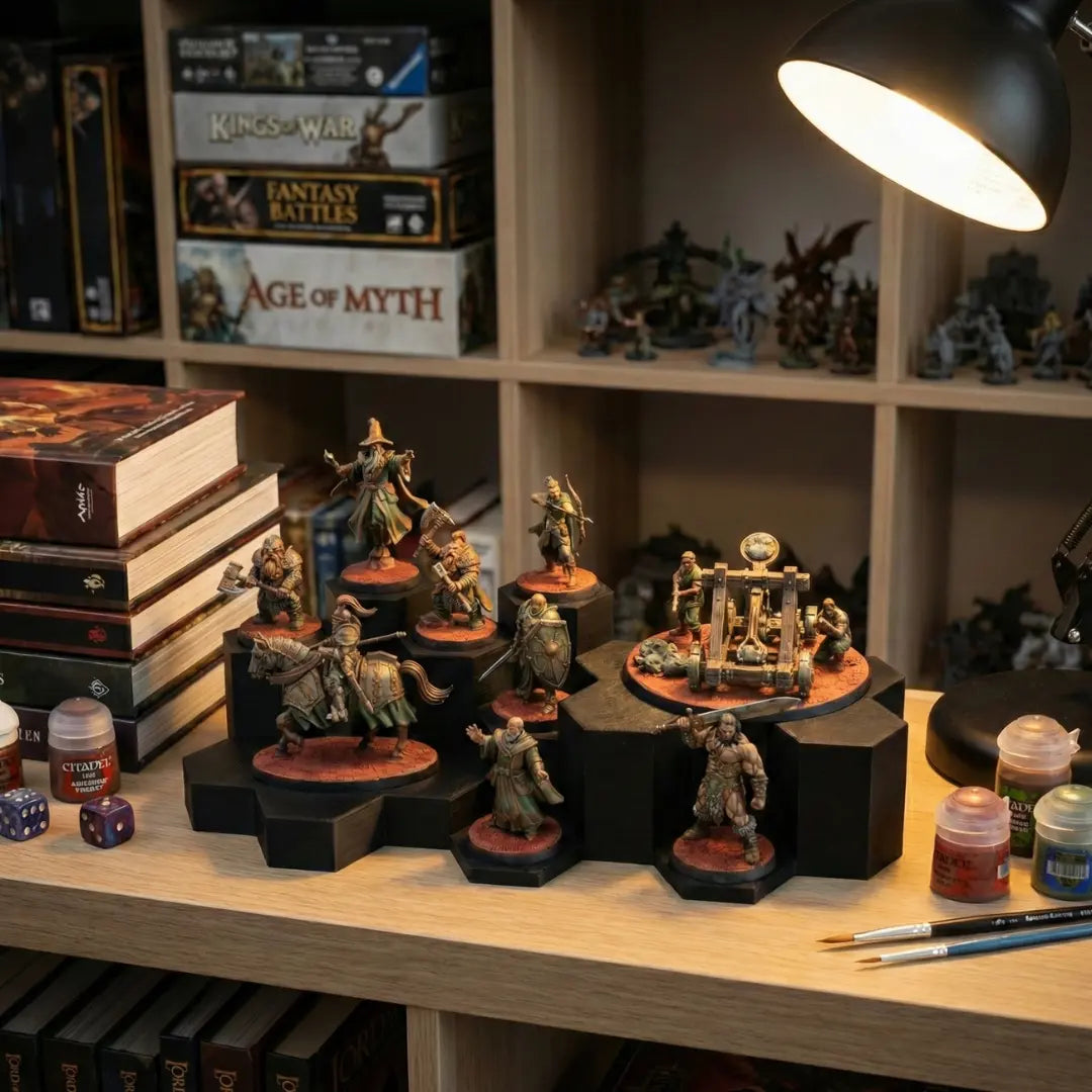 WarSplay Hero display riser with a dedicated 80mm slot and 75x42mm cavalry slot