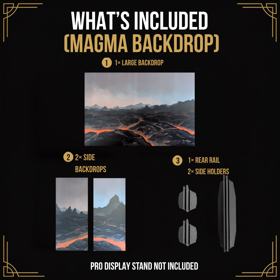 Contents of the lava acrylic backdrop set: large panel, two side panels, rear rail and two side holders