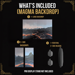 Contents of the lava acrylic backdrop set: large panel, two side panels, rear rail and two side holders