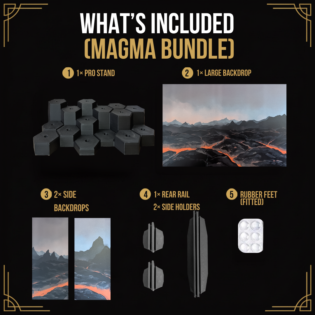 Bundle contents: hex figure display stand, volcanic backdrop, two side panels, rear rail, side holders and rubber feet