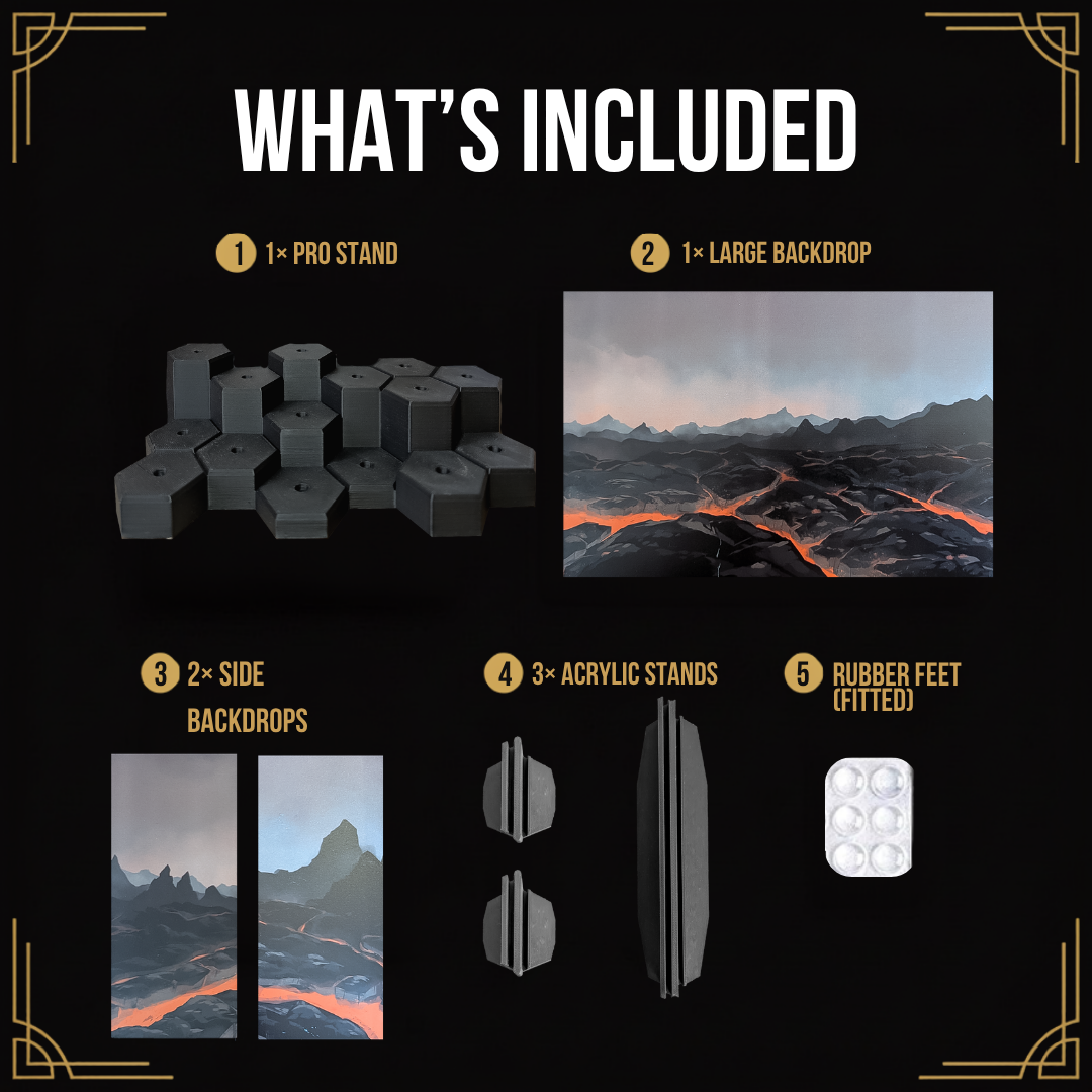 Layout of a hex miniature riser beside a large lava acrylic panel, two side panels, holders and rubber feet