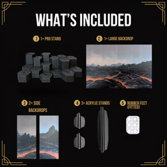 Layout of a hex miniature riser beside a large lava acrylic panel, two side panels, holders and rubber feet