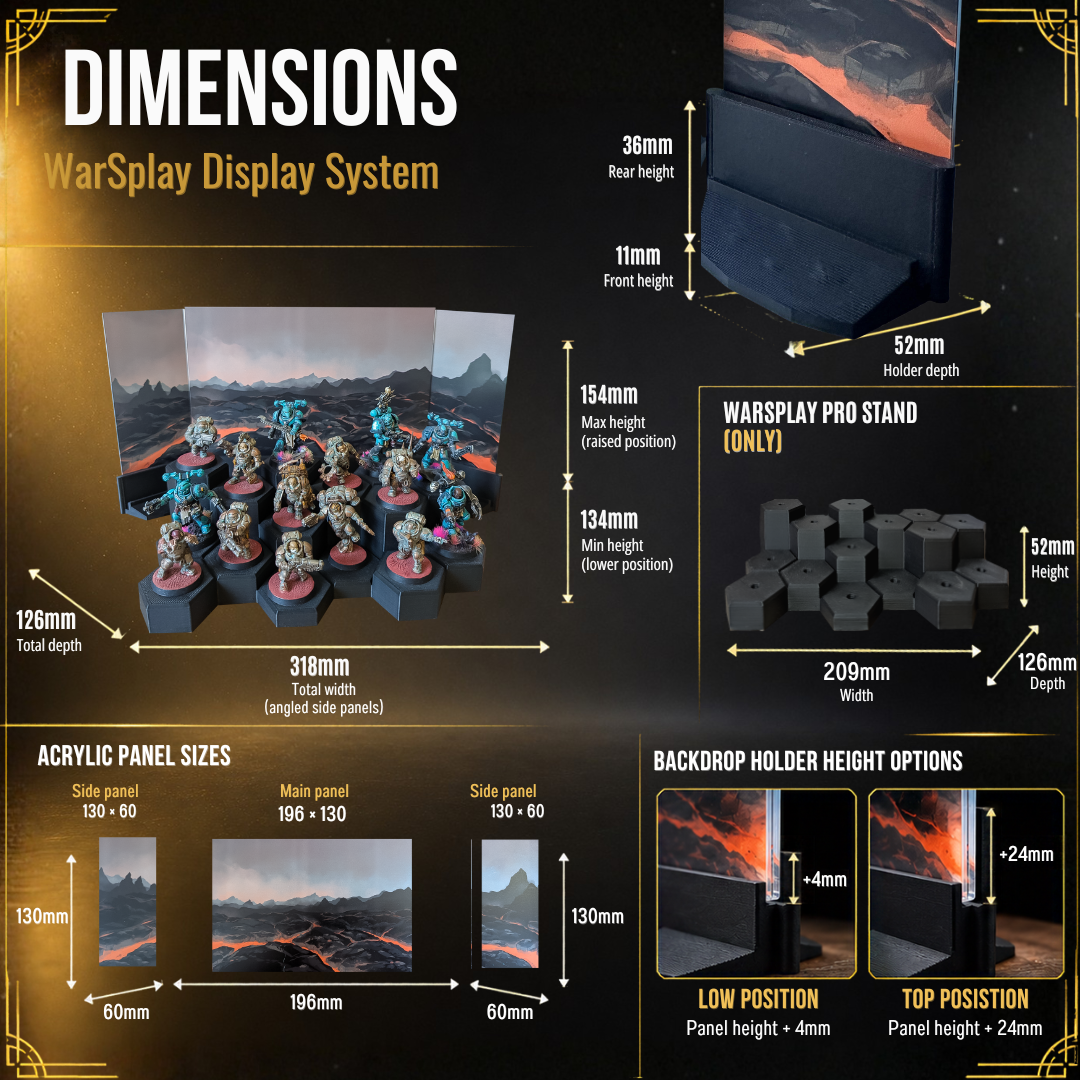 Dimensions infographic for the hex display stand, acrylic backdrop panel sizes and two-position holder