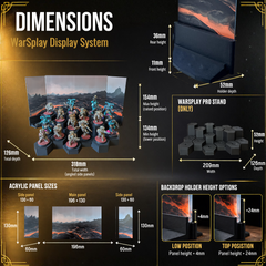 Dimensions infographic for the hex display stand, acrylic backdrop panel sizes and two-position holder