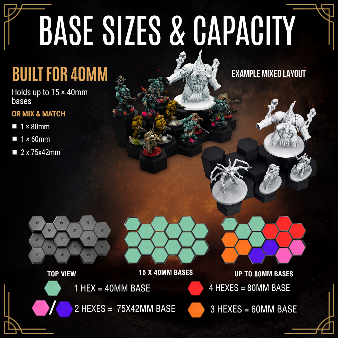 Base size guide: 15 x 40mm bases, or mixed layouts with 60mm, 80mm and 75x42mm oval bases on shared podiums