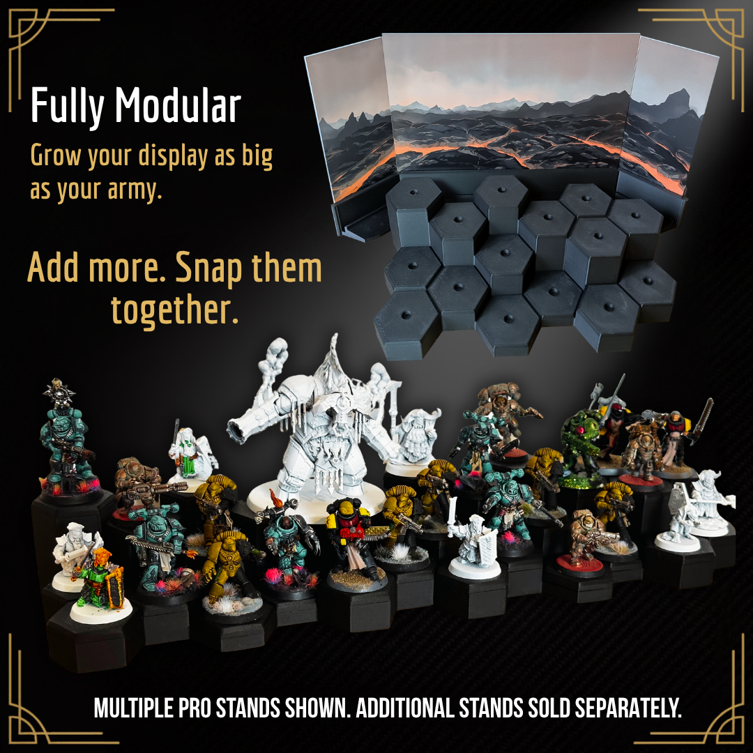 Several hex display stands joined together to show a large painted army, with additional stands sold separately