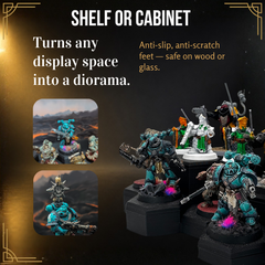 Painted miniature display on raised podiums with anti-slip feet, set for a shelf or glass cabinet