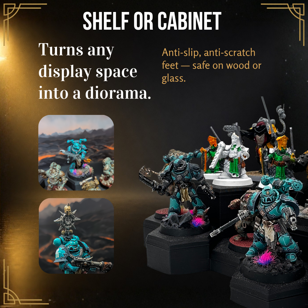 Painted miniature display on raised podiums with anti-slip feet, set for a shelf or glass cabinet