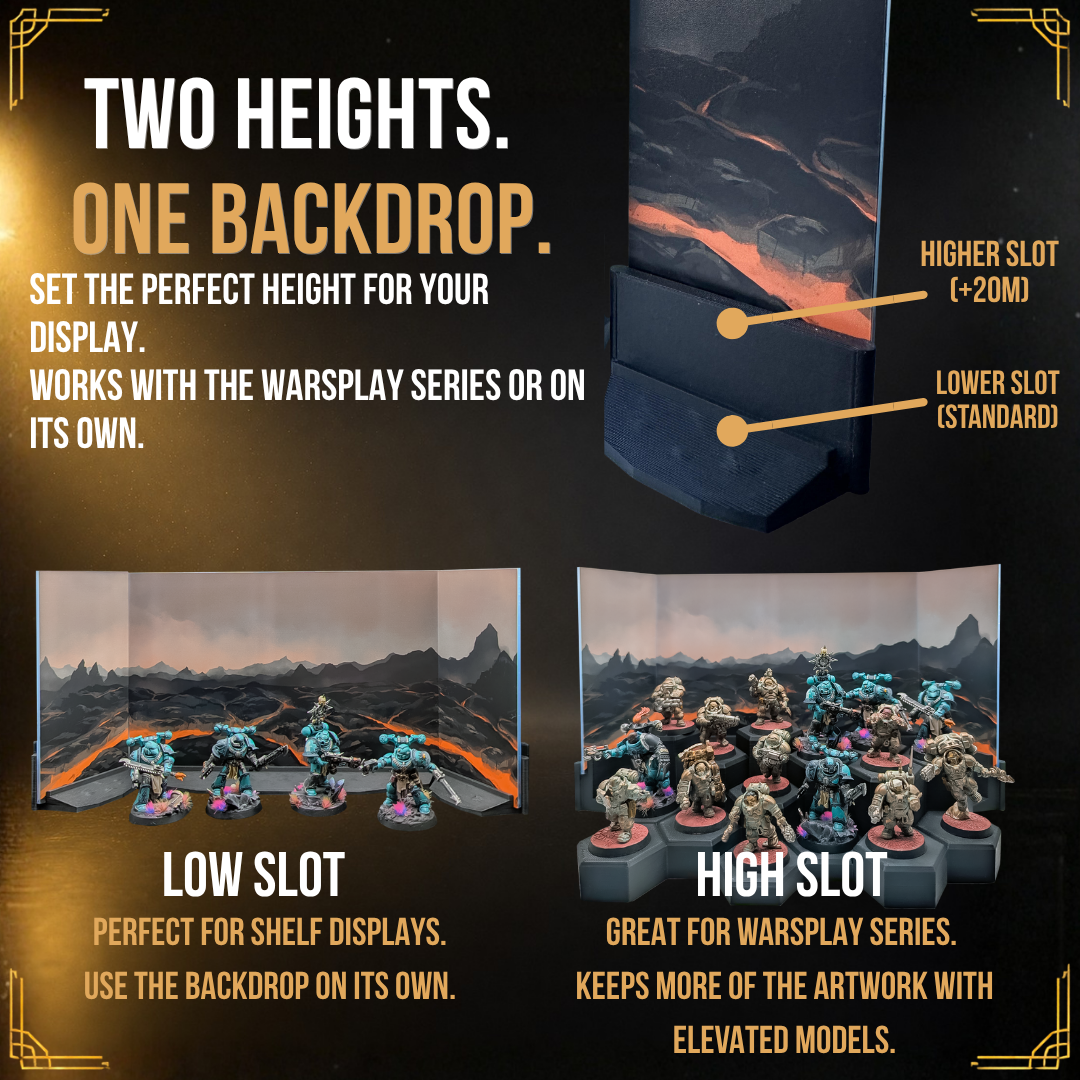 Two-height backdrop holder: low slot for shelf displays and high slot behind a tiered miniature riser