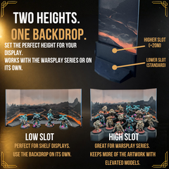Two-height backdrop holder: low slot for shelf displays and high slot behind a tiered miniature riser