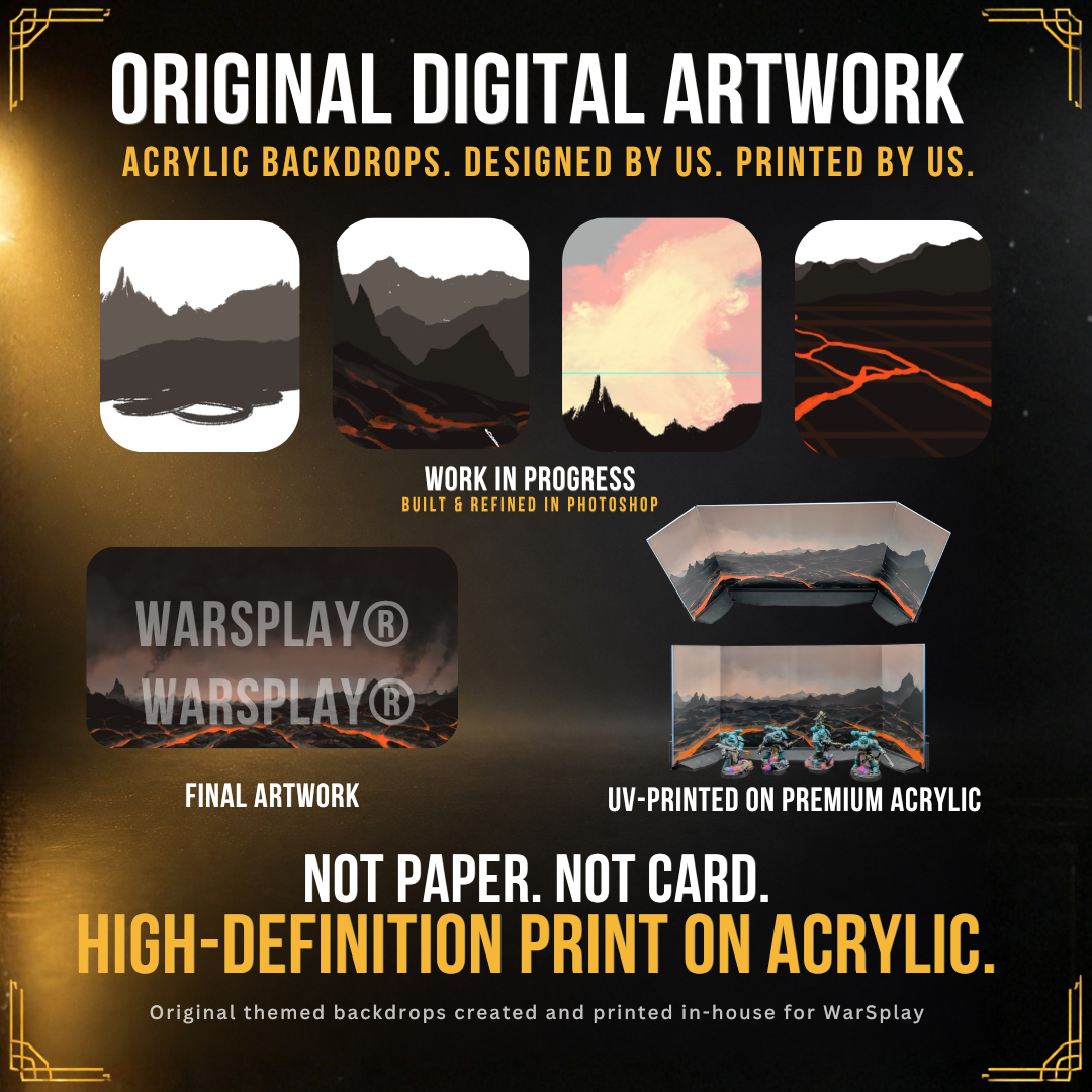Original digital artwork process, from concept sketches to a volcanic diorama backdrop UV-printed on acrylic